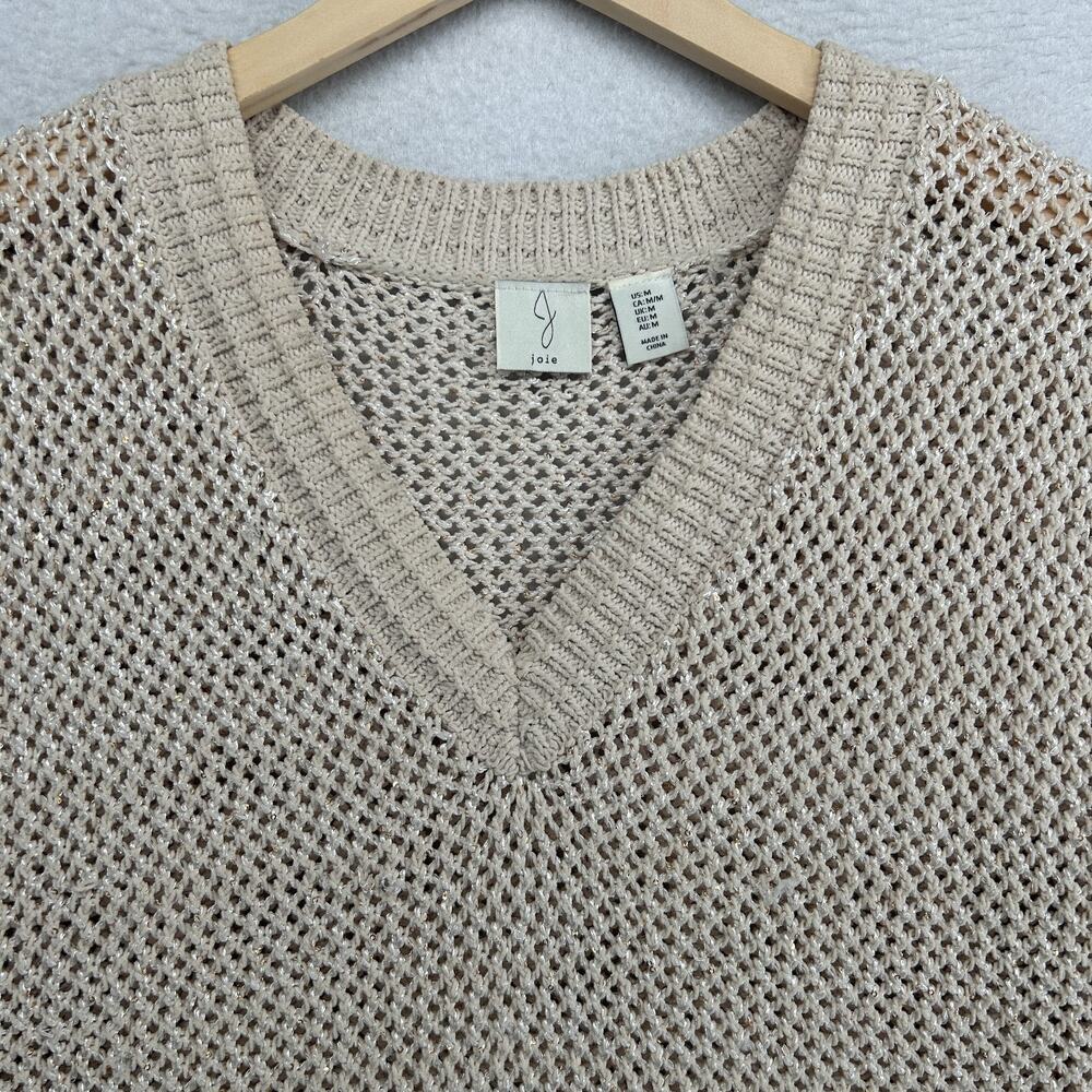 JOIE Sweater M Chenille Metallic Sequin Mesh Stitch Vest Pullover Beige Silver - Picture 2 of 10